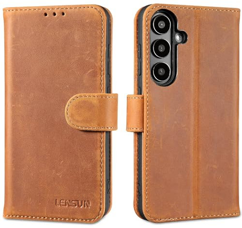 LENSUN Echtleder Hülle für Samsung Galaxy S24, Handyhülle [Echtes Leder] [RFID Schutz] [Kartenfach] Lederhülle Handytasche für Samsung Galaxy S24 5G - Vintage Braun