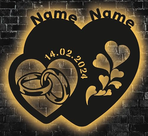 WALUNA® Hochzeitsgeschenk Led Liebesgeschenk Herzen Eheringe Liebesgeschenk personalisiert mit Namen und Datum Individuelles Geschenk zur Hochzeit oder zum Jahrestag 12 Farben