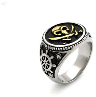 Hokech Vintage Double Knife Pirate Stainless Steel Skull Ring For Men Punk Gold Skull Signet Ring Viking Compass Jewelry Gift Size 7-13