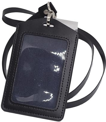 BAWAKO 2 porta badge in vera pelle, porta badge in robusta pelle, con cinturino in pelle PU (nero, V)