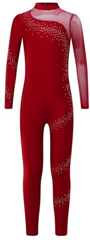 Miutii Turnanzug Mädchen Langarm Gymnastikanzug Glitzer Ballettanzug Kinder Ganzkörper Trikot Eiskunstlauf Body Sport Overall Jumpsuit Weinrot 158-164