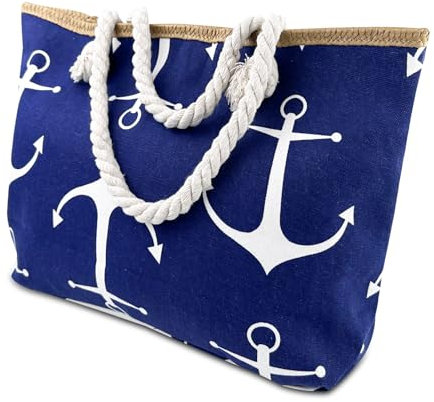 Ghazpmuk Bolsa de Playa, Tote Bag de Playa Impermeable, Bolso Playa Grande Con Cremallera, Bolso Playa Lona Mujer, Versátiles Bolso de Playa, para Playa Viajes Gimnasio (Ancla Azul Marino)