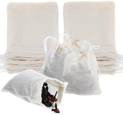 Gjinxi 30 Stück Gewürzsäckchen mit Kordelzug Gewürzbeutel Baumwolle Teabags zum Mitkochen Natürliche Baumwollbeutel Musselinbeutel Siegel Filter Teebeutel für Tee,Kaffee,Filter,Gewürze(8×10cm,Weiß)