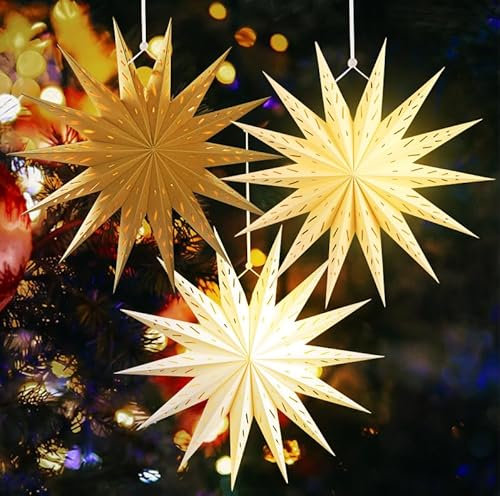 SUNBEAUTY 3 Stück Papierstern Lampenschirm 45cm Hellbraun Original Holzfarbe Weiß Faltsterne Dekoration 14 Ecken Aushöhlen Sterne Party Deko für Weihnachts Hochzeit Geburtstag Tischdeko Classroom