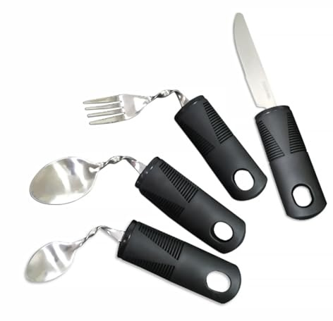 VZU Cutlery Dining Aid – Easy Grip Ergonomic 4-Piece Black Set for Tremors | Stainless steel & non-slip silicone, ergonomic design for stable eating, for elderly, Parkinson's & tremor sufferers.