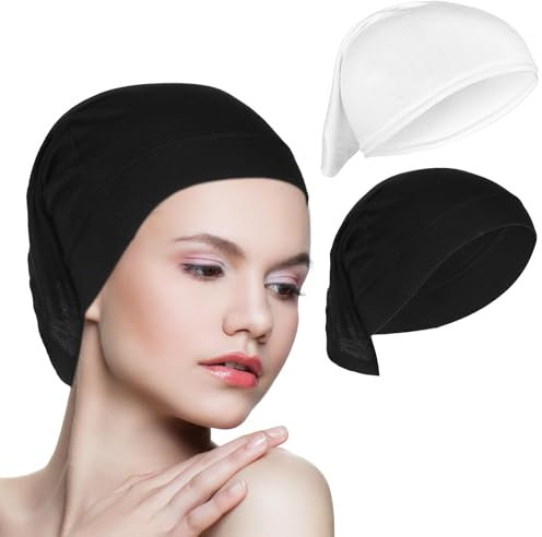 Molain Hijab Kopftuch Damen, 2 Stück Hijab Undercap, Frauen Undercap Hijab Elastische Atmungsaktive kopftücher Solid Color Hijab Mütze fur Kopfbedeckung Kopftuch Schlafmütze(Schwarz+Weiß)