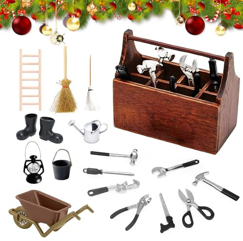 RoserRose Miniatur Wichtel Zubehör Werkzeugkasten Set, 18 Stück Wichtel Zubehör Werkzeug, Miniatur Puppenhaus Zubehör, Mini Holz Werkzeugkiste mit Werkzeug, Wichtel Baustelle