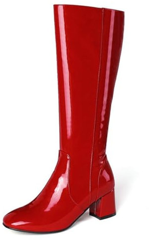 ANUFER Donna Vernice Ginocchio Alto Gogo Stivali Tacco Grosso Cerniera Laterale Stivali da Discoteca Rosso SD5A40730 EU39