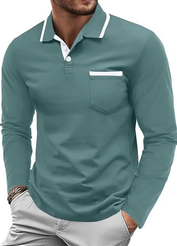 QIXING Men's Polo Shirts Long Sleeve Collared Golf Top Classic Cotton Polo with Pocket(Gray Teal, L)