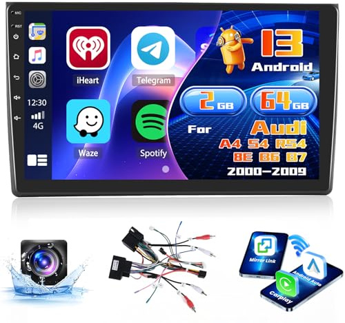 2+64GB Android 15 Radio para Audi A4 S4 RS4 8E B6 B7 2000-2009 Soporta Wireless CarPlay Android Auto, 9 Pulgadas Pantalla Táctil Estéreo Bluetooth Radio con WIFI GPS EQ FM/RDS Cámara de Visión Trasera