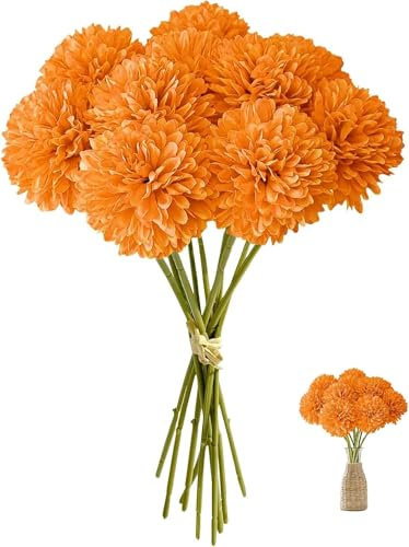 PacuM Chrysanthemum Artificial Flowers, 12 Pcs Fake Flowers with 9.4'' Long Single Stem Artificial Hydrangea Bouquets Real Touch Silk for Indoor, Floral Arrangement, Home Decoration (Orange)