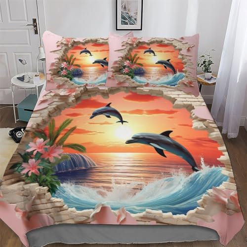 AAPZY Delfin 3D-Druck Bettwäsche & Kissenbezug - Bettbezüge Aus Atmungsaktivem Mikrofaser, Superweiches Bettbezug Set 2 teilig Mit Kissenbezug Single (135x200cm)