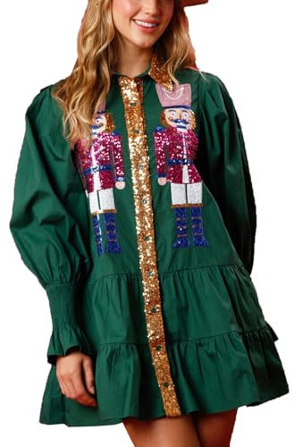 Damen-Weihnachtskleid mit Pailletten und Nussknacker-Motiv, langärmlig, gestuft, glitzernd, Mini-Shirt-Kleid for den Urlaub(Green,XXX Large)