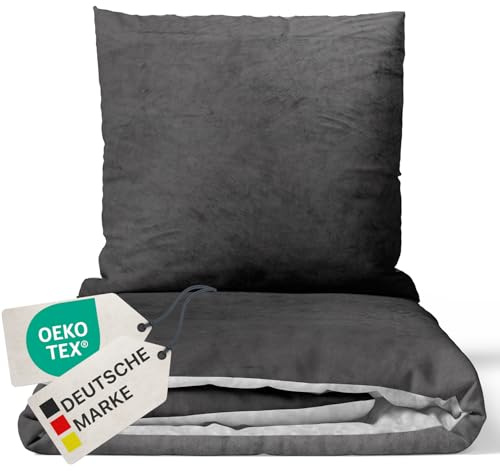 NYVI Winter Bettwäsche Set DreamScience Cashmere Touch 135x200 + 80x80 cm Anthrazit Silber - Kuschelweich & Wärmend - Mit Reißverschluss, Oeko-TEX Zertifiziert, für Allergiker geeignet