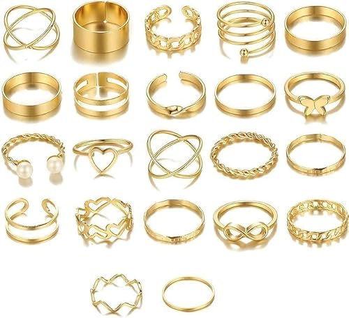 strrng 22-Piece Gold Ring Set for Women, Gold Stacking Rings, Suitable for Daily Wear, Weddings, Gatherings, Dates, Banquets