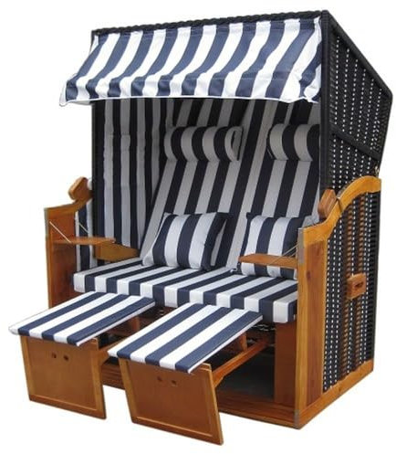 Vaiko Strandkorb Vollieger Ostsee Nordsee XXL120cm breit verstellbar PE Geflecht Markisenstoff (Blau Weiß gestreift)