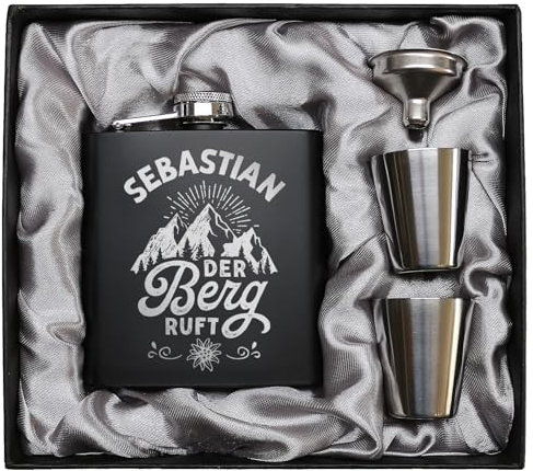 Der Berg ruft Flachmann Skifahren Berg Flachmann Ski Geschenk Wandern personalisiert mit Gravur Schwarz