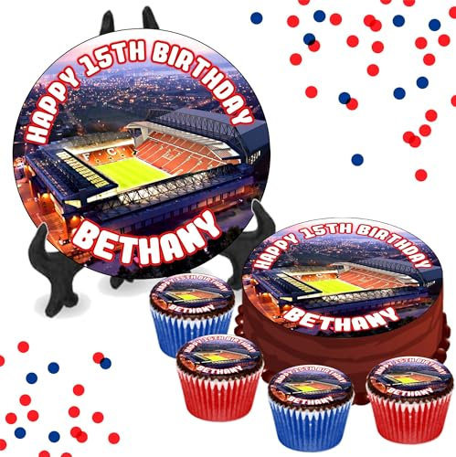 Anfield Liverpool Stadium Night PERSONALISED Edible Cupcake Toppers / 8 Inch Cake Wafer or Icing - Sports Football Fan Birthday Party Cake Decorations - Perfect for Brownies, Cookies, Muffins & More!