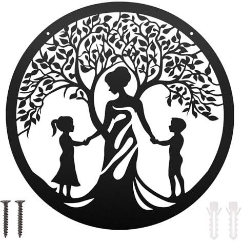 BOXOB Arbre de Vie Art Mural Métal, 35cm Moderne Décoration Murale Ronde Délicate Mère & Enfants Design Arbre Familial Parfait pour Salon Chambre Jardin Décoration Intérieure