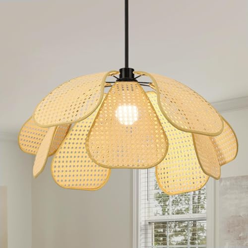 Schindora Lampenschirm HäNgelampe Vintage Blume,60Cm Boho Lampe Handgewebt Lampen E27 Dekor Pendelleuchte Esstisch FüR KüChe Wohnzimmer Schlafzimmer