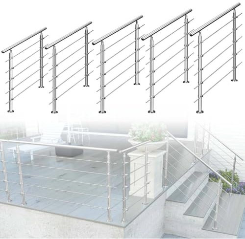 Aica Edelstahl Geländer Aussen, Handlauf Edelstahl, Treppengeländer Außen 80cm, Mit 5 Querstreben