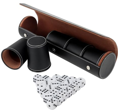 Orivin Professionelles Yahtzee-Würfelbecher-Set aus schwarzem Leder (5-teilig) – mit 25 Würfeln und Aufbewahrungsbox – für Party-/Brettspiele und mehr