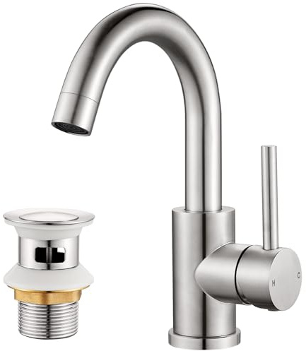 Rainysprit Basin Mixer Tap with Pop up Waste, Brushed Nickel | 360° Swivel Bathroom Sink Tap, Stainless Steel, G1/2 UK Standard Fittings, Hot & Cold Water Control