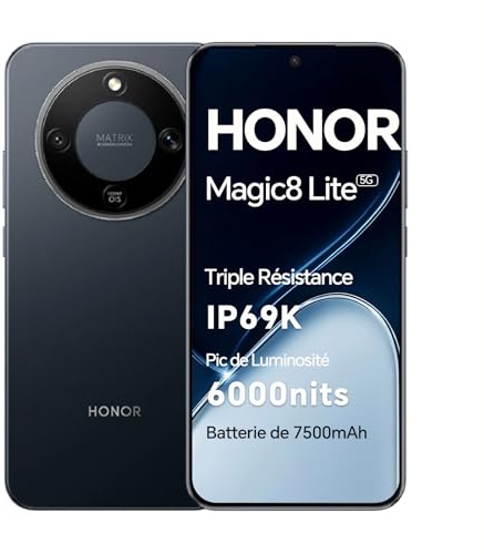HONOR Magic8 Lite Smartphone, Pantalla AMOLED de 6,79 Pulgadas, Triple Resistencia IP68/IP69K, batería de 7500 mAh, cámara de 108 MP con OIS, Doble SIM, NFC. (Black, 256, GB, 8, GB)