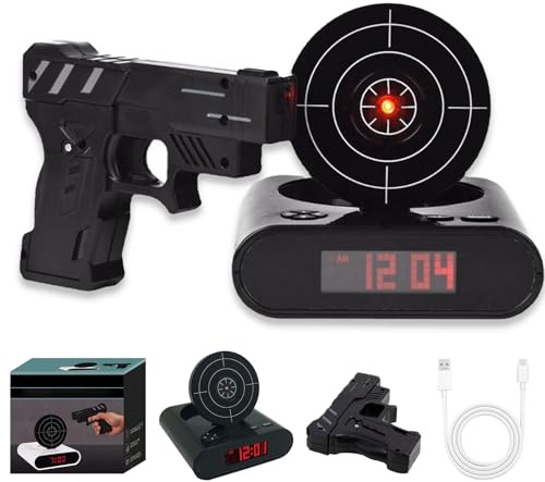 Generisch Target Alarm Clock with Gun, Personalized Gun and Target Alarm Clock for Bedroom, Creative Clocks LED Display Ringtones Customization 2 Alarming Modes, for Home, Office, Living Room (Black)