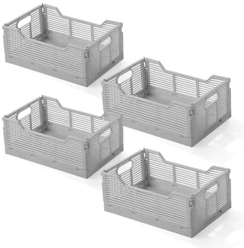 YushengTai Klappkiste 4 Stück, Grau Kunststoff Klappboxen 30.5 x 20.5 x 12.5 cm, Stabiler Klappkorb für Küche, Schlafzimmer, Büro, Haus & Klassenzimmer (M)