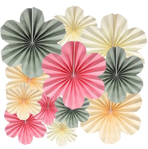 BestoFun 12er Set Papier Blumenfächer Beige Grün Papierblumen Papier Fächer Hängende Girlande Dekoration für Hochzeit Geburtstagsfeier Gartenparty Tischdeko