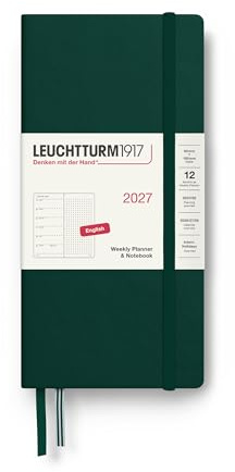 LEUCHTTURM1917 Wochenkalender 2027 Dotted Wallet (B6+ x A6) mit Notizbuch - Terminplaner Englisch, Forest Green, Hardcover, 125 x 190 mm + 90 x 150 mm, Januar-Dezember, Wochenübersicht + Notizseite