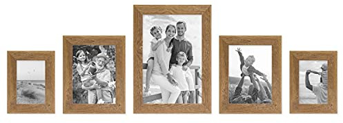 Bilderrahmen-Set Holz Eiche-Optik, 5er Rahmenset No.2 Echtholz-Rahmen rustikal, Strandhaus, Made in Germany, Echtglas, zum Aufhängen, extra Zubehör - Treibholzlook mit einem Hauch Küstenflair