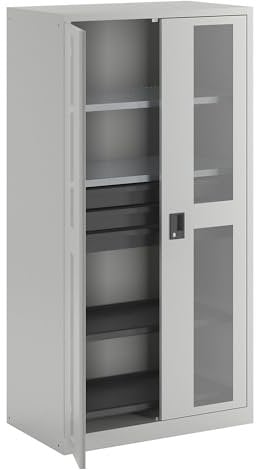 Lista | Sichtfensterschrank | HxBxT 1950 x 1000 x 580 mm | mit 2 Fachböden | 2 Auszugböden und 3 Schubladen | lichtgrau
