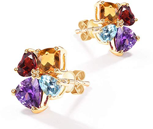 Solide 14 Karat 585 Gold Klein Ohrstecker Ohrringe Blümchen Blumen mit Natürlicher Edelstein Citrin Topas Amethyst Granat Schmuck für Damen Mädchen - Größe: 12 * 10 mm