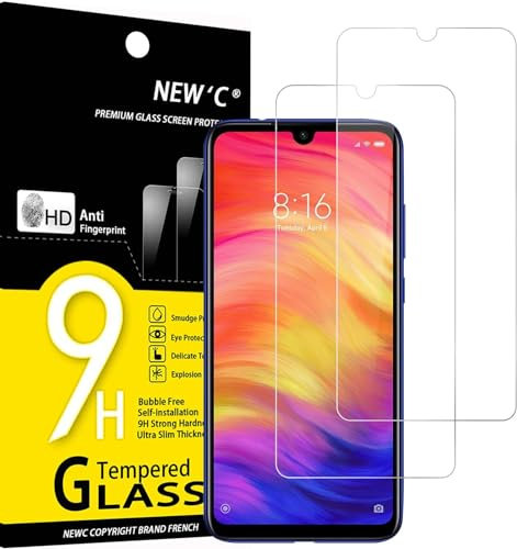 NEW'C 2 Piezas, Protector Pantalla para Xiaomi Redmi Note 7, Redmi Note 7 Pro, Cristal templado Antiarañazos, Antihuellas, Sin Burbujas, Dureza 9H, 0.33 mm Ultra Transparente, Ultra Resistente