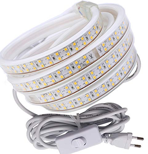 DUVERT Ruban LED, Bande LED, Bandeau LED, Lumineux Bandeau Led avec Interrupteur 220V AC 2835 180leds/m IP68, LED Strip Light Lumineux Bandeau (blanc chaud) (1m)