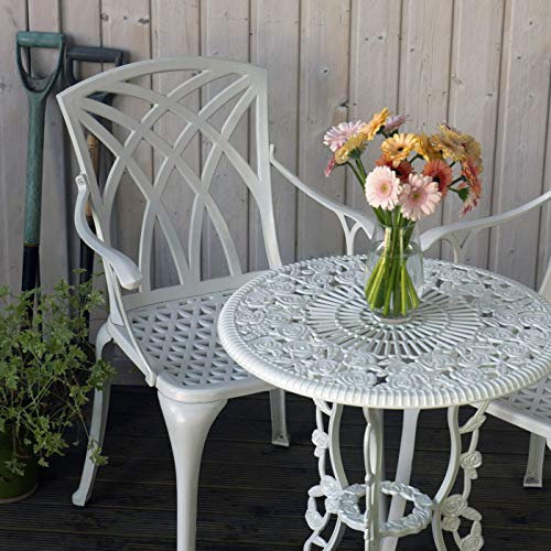 Lazy Susan London Rose Bistrotisch, 60 cm, rund, 2-Sitzer, wartungsfrei, leicht, wetterfest, sandgegossenes Aluminium, weiß, April Stühle