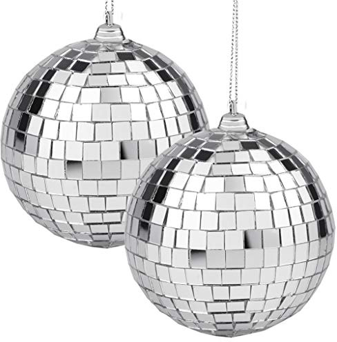 2 Pieces Disco Mirror Balls Silver Hanging Ball for 50s 60s 70s Disco DJ Light Effect Party Home Decoration Stage Props Festivals Party Favors and Supplies 4 Inch (4inch, Silver)