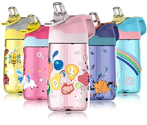 Fjbottle Gourde Enfant avec Paille 450ml, Bouteille d'eau Enfant sans BPA Tritan, Gourde Étanche Réutilisable pour École, Sport, Maternelle