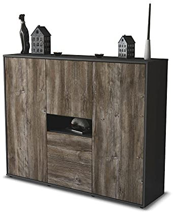 Stil.Zeit Highboard Kommode Olivia, Korpus anthrazit matt, Front Holz-Design Treibholz (136x108x35cm), Push-to-Open Technik & Leichtlaufschienen