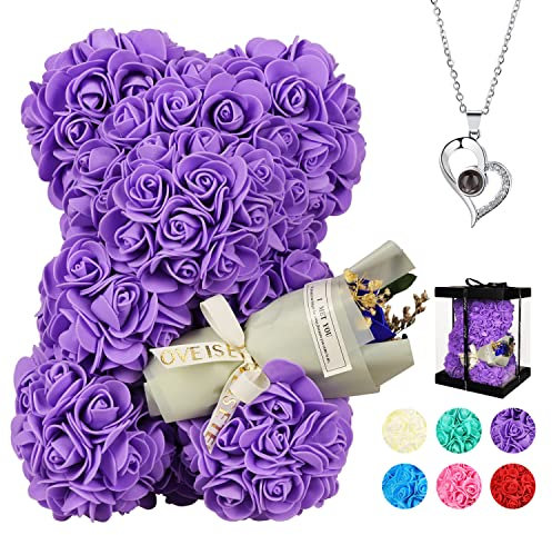 Mothers Day rose Gift for Mum - Eternal Rose Bear with Preserved Roses + 100 LanguagesI Love You Necklace, Birthday Gift for Grandma & Mother-in-Law from Daughter/Son