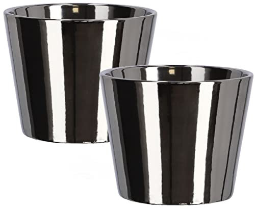 KOTARBAU® Lot de 2 petits pots de fleurs en céramique émaillée brillante de 11 cm de diamètre - Argenté