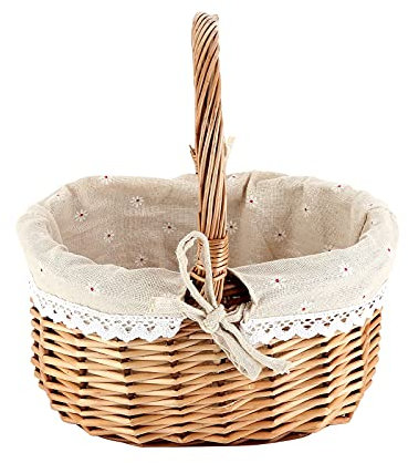 Rattan Picknickkorb, Geflochten Einkaufskorb Weidenkorb mit Henkel Baumwolle Stoffbezug Obstkorb Gewebten Aufbewahrungskorb Tragekorb Klein Autokorb Weide Korb zum Einkaufen Henkelkorb,26cmx13cmx28cm
