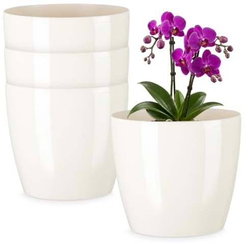 PECZEKO Glänzende Blumentöpfe - Deko Pflanztopf für Blumen & Kräuter - Langlebige & leichte runde Kunststoff-Pflanzentöpfe für Wohn- & Esszimmer, Küche, Terrasse, Balkon - 4er-Set - (Beige, ø 12 cm)