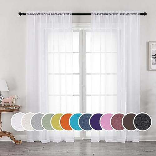 OWENIE Sheer Curtains 84 inches Long 2 Panels Set for Living Room/Bedroom, Rod Pocket Voile Sheer Panel Drapes, White, 2pcs, Each 42 W x 84 L