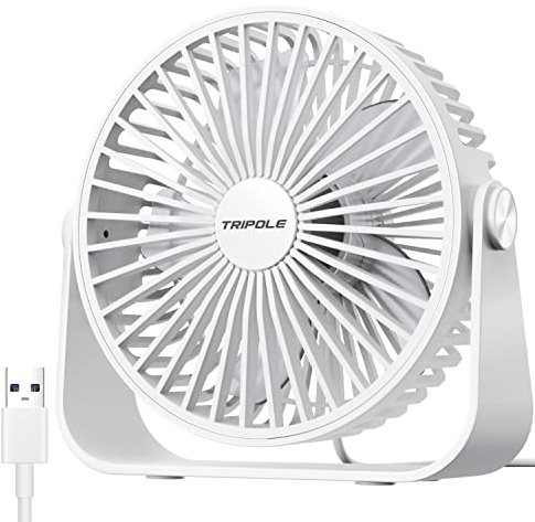TriPole USB Desk Fan, 3 Speeds Strong Airflow Table Fan, 360° Rotation Mini Personal Fan, 5.5 Inches Portable Fan for Desktop Office Home Bedroom Car Outdoor Camping, White