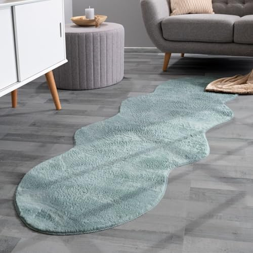 TT Home Wohnzimmer Teppich Unifarben Flauschig Modern Kunstfell Kurzflor, Farbe: Türkis, Größe:70x200 cm Fell-Form