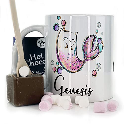 Personalised Mug and Belgian Milk Chocolate/Hot Chocolate Stirrer Marshmallow Gift Set, Custom Name (11oz) White, Yellow, Blue, Black, Pink Mug with Pink Cat Fish Mermaid Design, Mermaid Mug