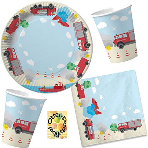HHO Feuerwehr-Party-Set 36tlg. - für 8 Gäste: 8 Teller, 8 Becher, 20 Servietten - Pappe, Flachpack, Feuerwehr-motivierte quadratische Teller, 23 cm - Gratiszugabe: Ottes-Partyfibel im PDF-Format